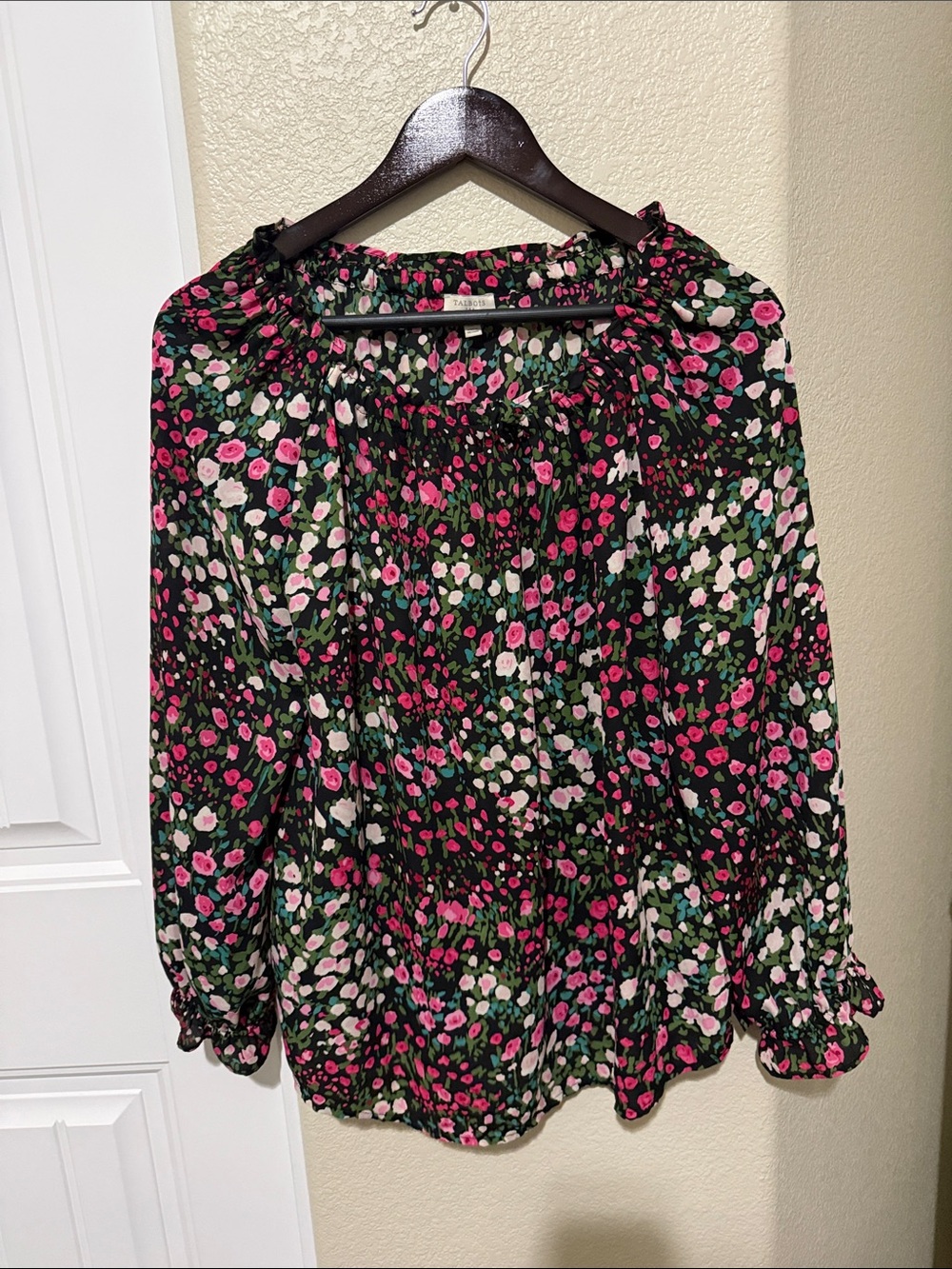 Talbots Black Floral Peasant Blouse with Pink, White & Green Accents